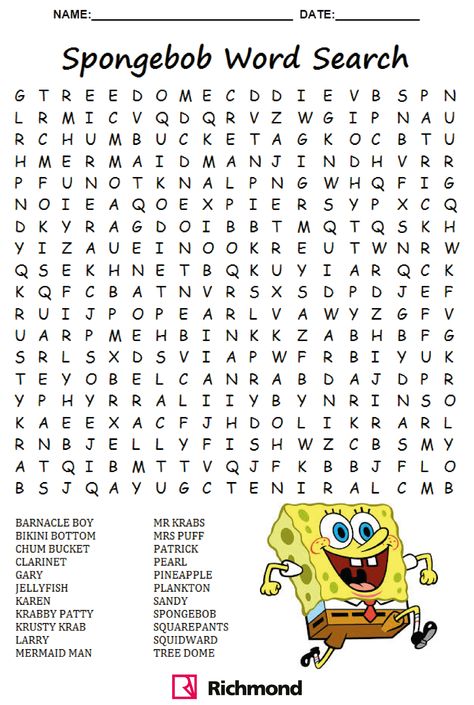 #WordSearch - Spongebob time! Spongebob Worksheets, School Sheets, 100 Días De Clases, Word Puzzles For Kids, Ingles Kids, Kids Therapy, Kids Word Search, Free Printable Word Searches, Disney Word