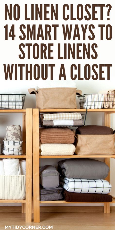 How to store linens without closet No Closet Bathroom Storage Ideas, Free Standing Linen Closet, Lack Of Closet Space Ideas, Linen Room Ideas, Bathroom With No Linen Closet, What To Do When You Don’t Have A Linen Closet, Where To Store Linens Without A Closet, Linen Closet Alternative Storage, Diy Linen Storage No Closet