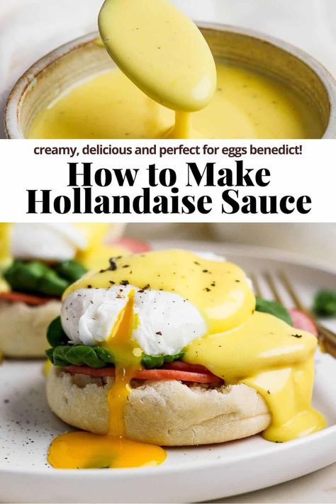 How to Make Hollandaise Sauce -  a step-by-step tutorial that teaches you how to make this classic French mother sauce! #howtomakehollandaisesauce #howtomakehollandaisesauceeasy #howtomakehollandaisesauceeggbenedict #howtomakehollandaisesaucewithoutablender #howdoyoumakehollandaisesauce Halendase Sauce, Quick Hollandaise Sauce No Blender, Cheesy Hollandaise Sauce, Holindaise Sauce Recipe Egg Benedict, Holindaise Sauce Easy, How To Make Hollandaise Sauce Easy, Hollandaise Sauce Easy Immersion Blender, Hollandaise Sauce No Lemon Juice, Cream Cheese Hollandaise Sauce