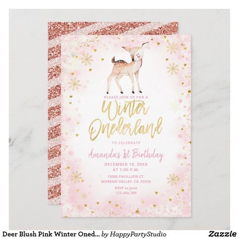 Deer Blush Pink Winter Onederland Birthday Invitation Winter First Birthday, Winter Onederland Birthday Invitations, Winter Onederland Invitations, Deer Watercolor, Woodland Animal Birthday, Onederland Party, Winter Wonderland Birthday, Winter Onederland Birthday, Welcome Winter