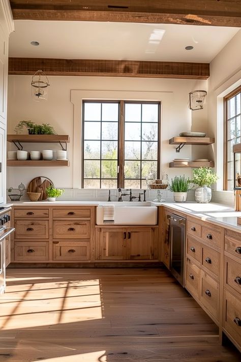 Old Farmhouse Kitchen Remodel Cabinet Colors, Natural Wood Cupboards Kitchen, Light Wood Kitchen Cabinets Green Backsplash, Wood Quartz Countertops, Farmhouse Sink With Wood Cabinets, Cottage Kitchen With Wood Cabinets, Lightwood Kitchen Cabinets, Natural Farmhouse Kitchen, Kitchen With No Overhead Cabinets