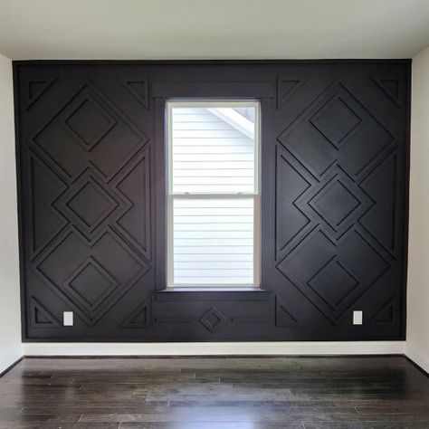 Are You Brave Enough for a Black Accent Wall in Your Living Room? (19 Successful Looks!) - Mod & Mood Textured Wall With Window, Geometric Wall With Window, Black Accent Wall With Crown Molding, Diy Accent Wall With Window, Moldings And Trim Accent Walls Bedroom, Accent Black Wall Bedroom, Accent Walls In Living Room With Windows, Dining Room Accent Wall With Window, Accent Wall With Window In Middle