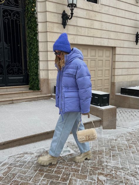 Bright Puffer Jacket Outfit, Lavender Coat Outfit Winter, Lavender Puffer Jacket Outfit, Lilac Puffer Jacket Outfit, Colorful Puffer Jacket Outfit, Purple Winter Coat, Violet Jacket Outfit, Lavender Jacket Outfit, Big Puffer Jacket Outfit