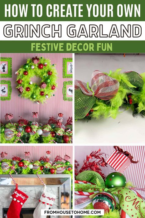 DIY Grinch Garland &#8211; A Step-By-Step Tutorial | Christmas Decor Diy Grinch Christmas Garland, Grinch Mantle Ideas, Grinch Selfie Station, Front Door Garland Christmas Diy, Diy Grinch Garland Tutorial, Grinch Door Garland Diy, Grinch Garland Ideas, Grinch Work Decorations, Diy Grinch Tree Decorations