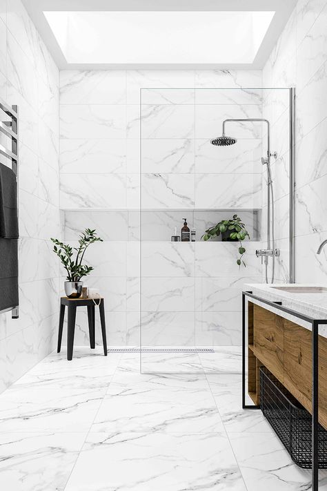 White Marble Tile Bathroom, Grey Marble Bathroom, Spa Bathroom Design, White Marble Bathrooms, Marble Tile Bathroom, Bilik Air, Bathroom Shower Design, White Bathroom Tiles, Spa Bathroom