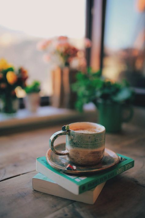 Cup of Coffee on Stack of Books by Window · Free Stock Photo Tea And Books, Coffee Pictures, Coffee Photos, Coffee Photography, Coffee Tshirt, Aesthetic Coffee, Photos Hd, Coffee And Books, Stack Of Books