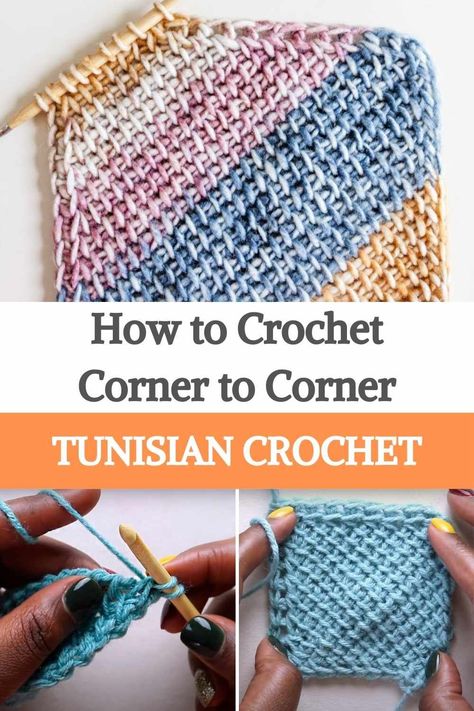 Flip Your Tunisian Crochet Project Around - Try Tunisian crochet corner-to-corner! This option is a fun way to reinvent the basics of Tunisian crochet - learn this technique with this step-by-step video tutorial and the written pattern below. Corner to corner, or C2C, crochet is a basic crochet technique. But did you know that you can also make corner by corner with Tunisian crochet? For this technique, start with a small number of stitches and gradually work your way up to the desired width... C2c Tunisian Crochet Blanket, Tunisian Crochet Potholder Patterns Free, Tunisian Crochet Squares Pattern Free, C2c Tunisian Crochet, Crohook Patterns, Tunisian Crochet Potholder, Easy Tunisian Crochet Stitches, Tunisian Crochet Dishcloth, How To Tunisian Crochet