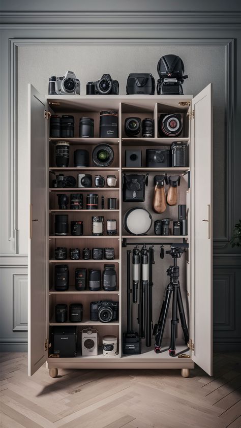 📸 Maximize your small studio space with a compact photography gear cabinet designed for efficient camera storage. This solution offers sleek photography equipment storage, making sure your gear is organized and easily accessible in tight spaces. #CompactStorage #PhotographyGearCabinet #CameraStorage Camera Storage Cabinet, Video Gear Storage, Photographer Workspace Home, Photography Equipment Organization, Camera Gear Storage Ideas, Camera Lens Storage, Photo Equipment Storage, Photographer Room Ideas, Photography Studio Organization Ideas