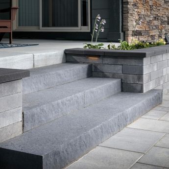 Widening Front Steps, Outdoor Entrance Stairs Design, Front Door Steps Ideas Entrance Stairs Modern, Sandy Landscape Ideas, Stair Outside House, Back Door Steps To Patio With Landing, Stone Steps Front Door Entryway, Step Garden Ideas, Concrete Patio Steps Ideas