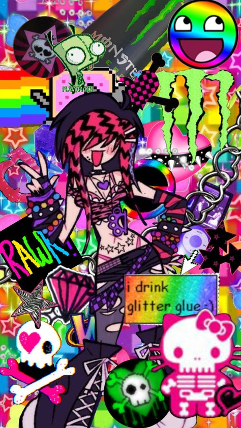 #myfirstshuffle #scenecore #scene #scenemo #scenekid #2010s #neon 2010 Internet Aesthetic, 2000s Emo Wallpaper, Scene Kid Wallpaper, Scene Kid Aesthetic, Scenecore Wallpaper, Scene Core Wallpaper, Scene Emo Art, Scene Kid Art, Scene Pfp