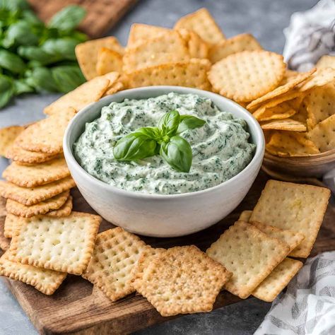 Delicious Basil Dip Basil Feta Dip, Basil Dipping Sauce, Easy Basil Recipes, Fresh Basil Appetizers, Basil Dip Recipes, Appetizers With Basil, Veg Dips For Parties, Basil Appetizer Recipes, Pesto Dip Appetizer