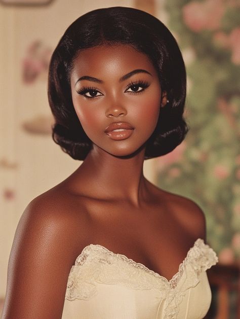 Gel Natural Hairstyles, Hairstyles In Bun, Bun Hairstyles For Women, Old Hollywood Makeup, Black Girls Hair, Braids For Black, Hollywood Makeup, Vintage Black Glamour, Glamour Makeup