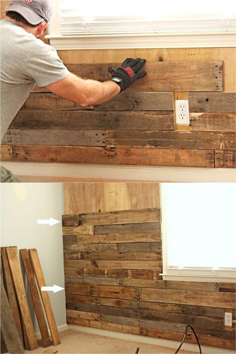 Diy Wood Pallet Wall, Pallet Wood Home Decor, Wood Accent Wall With Pictures, Reclaim Wood Wall, Pallet Bedroom Wall, Pallet Walls Diy, Natural Wood Accent Wall Bedroom, Wood Covered Walls, Wood Pieces On Wall