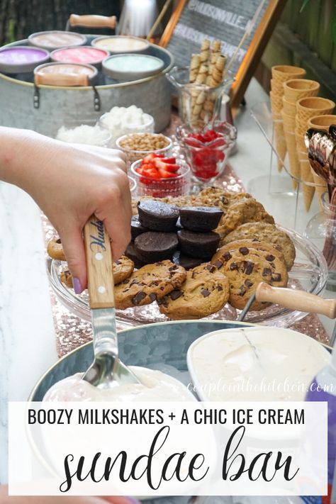 Alcoholic Milkshakes + A Chic Ice Cream Sundae Bar | Perfect for Bridal Showers, Baby Showers, and Bachelorette Parties | coupleinthekitchen.com Ice Cream Party Bar, Wedding Ice Cream Bar, Mackinac Island Fudge, Ice Cream Sundae Party, Couple In The Kitchen, Sundae Party, Boozy Milkshake, Ice Cream Sundae Bar, Pint Of Ice Cream