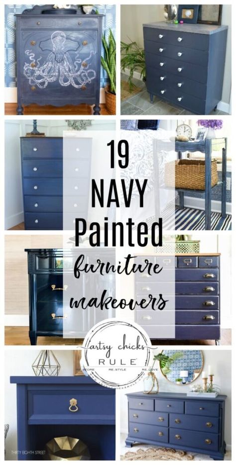 Diy Furniture Makeover Ideas Paint, Blue Painted Dresser Ideas, Navy Blue Sideboard, Refinished Bedroom Furniture Ideas, Paint Colors For Furniture Projects, Rehab Furniture Ideas, Blue Paint For Furniture, Painted Office Furniture, Colored Dressers