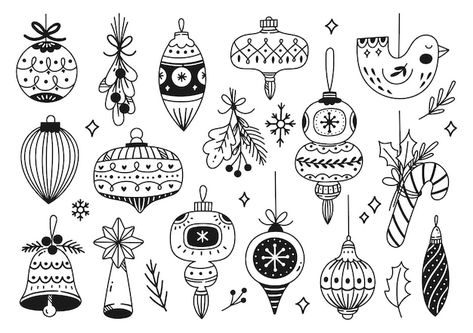 Christmas Ornament Drawing Patterns, Christmas Decor Drawing, Ornament Drawing Patterns, Freepik Premium Vector, Christmas Ornament Drawing, Jen Aranyi, New Year Doodle, New Year's Drawings, Black And White Christmas