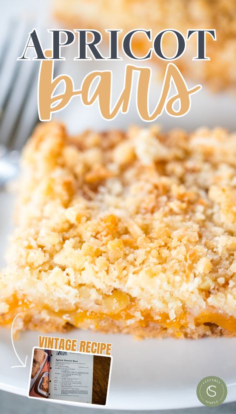 This recipe for apricot bars is a real winner, with its sweet, buttery, and soft layers that will leave you craving for more. It's a vintage Pillsbury recipe! Vintage Pillsbury Recipes, Apricot Cheesecake Bars, Apricot Bars With Dried Apricots, Apricot Desserts Easy, Canned Apricot Recipes Desserts, Apricot Recipes Dessert, Apricot Filling Recipe, Apricot Fudge, Apricot Squares