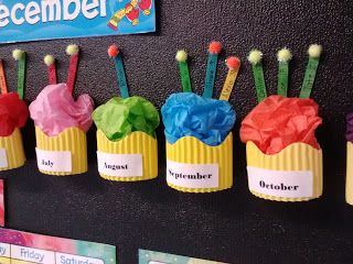 Birthday cupcake bulletin board - made from corrugated border and tissue paper. adorable! Cute Bulletin Boards, Birthday Bulletin Boards, Birthday Bulletin, Birthday Display, Classroom Birthday, Classroom Organisation, Kindergarten Teaching, Birthday Board, Classroom Fun