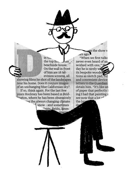 / Rob Hodgson. Man with newspaper. Newspaper Illustration Design, Mid Century Drawing, Drawing Over Photos Illustrations, Reading Newspaper Illustration, Author Illustration, Rob Hodgson, Newspaper Illustration, Design Newspaper, Ancient Art Tattoo