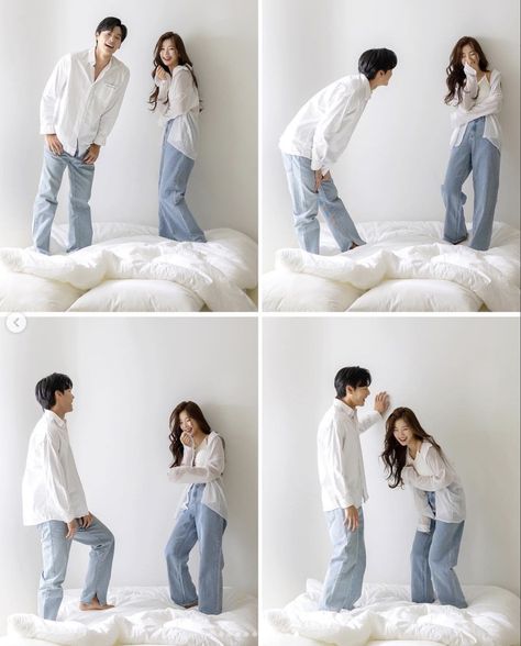 Korean Prenup Photoshoot Ideas Indoor, Casual Korean Prewedding, Studio Prewedding Photo Ideas Casual, Pre Wedding Casual Outfit, Korean Wedding Set Up, Pre Wedding Theme, Pre Nup Ideas, Casual Prewedding Photoshoot, Korean Indoor Prewedding