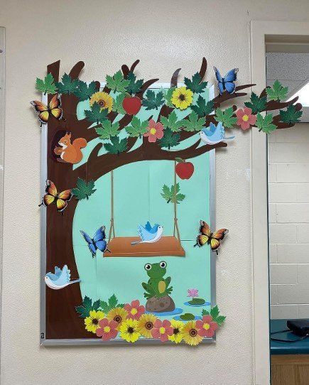 Spring Tree Bulletin Boards 3 Classroom Trees Ideas, Spring Tree Bulletin Board Ideas, Spring Season Decoration Ideas, Nature Bulletin Boards Preschool, Theme For Classroom Decorating, Garden Theme Classroom Door, Seasons Bulletin Board Ideas, Spring Bulletin Board Ideas For Toddlers, Garden Theme Classroom Decorations