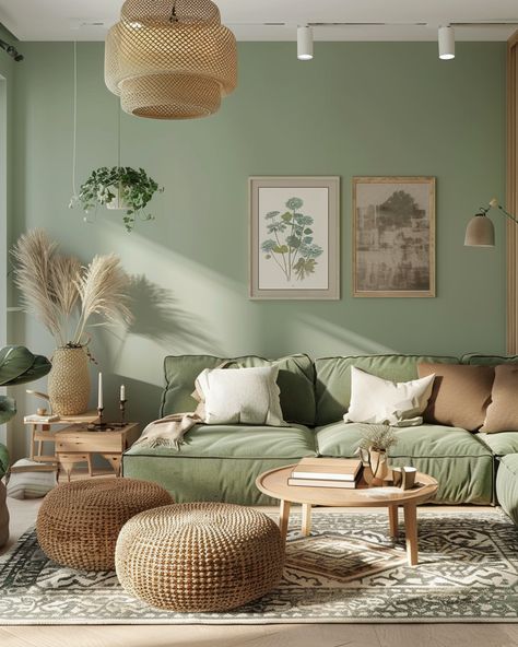 Gray Green White Living Room, Mint Green And Beige Living Room, Mid Century Modern Sage Green, Family Living Room Inspiration, Jade Green Living Room, Boho Green Living Room, Green And Wood Living Room, Green Color Living Room, Elegant Boho Living Room