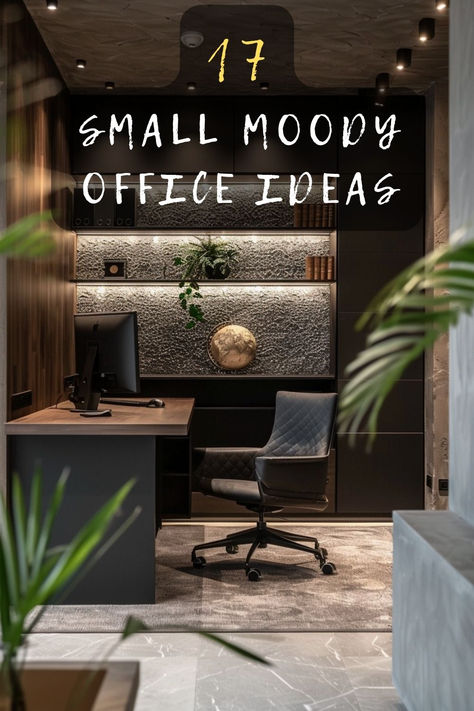 Ready to turn your compact workspace into a stylish sanctuary? 🖋️ Discover 17 small moody office ideas that'll revolutionize your work-from-home experience. Learn how to play with dark colors, ambient lighting, and cozy textures to create a space you'll love. Curious about these game-changing tips? Click now to explore! 🏠💼 #MoodyOffice #SmallSpaceDesign #HomeOffice #WorkFromHome #InteriorInspo Small Modern Home Office Design For Men, Black Ceiling Office Design, Charcoal Office Ideas, Basement Home Office Ideas Masculine, Men’s Office Gallery Wall, Church Pastor Office Ideas, Mens Small Office, Desk Lighting Ideas Home Office, Masculine Home Office Ideas Man Cave