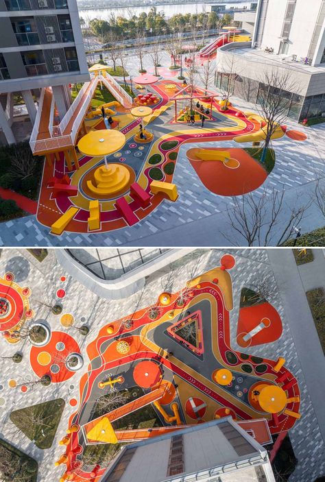 A modern and colorful landscaped park with slides, pathways, a merry-go-round, lounge seating, seesaw, shading structures, seating, swings, and an amphitheater. Abstract Playground, City Skylines Game, Modern Playground, Cool Playgrounds, Landscape Architecture Diagram, Urban Playground, Kindergarten Design, Urban Landscape Design, Public Space Design