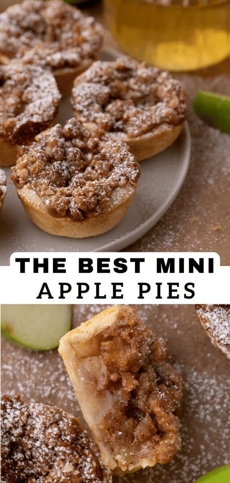 These mini apple pies are made in a muffin tin and are topped with streusel topping to take them to the next level! Recipes For Apple Pie, Easy Mini Apple Pies, Mini Apple Pie Recipe, Apple Pie Cupcakes, Pie Cupcakes, Classic Apple Pie, Mini Apple Pies, Thanksgiving Dinner Table, Apple Pies