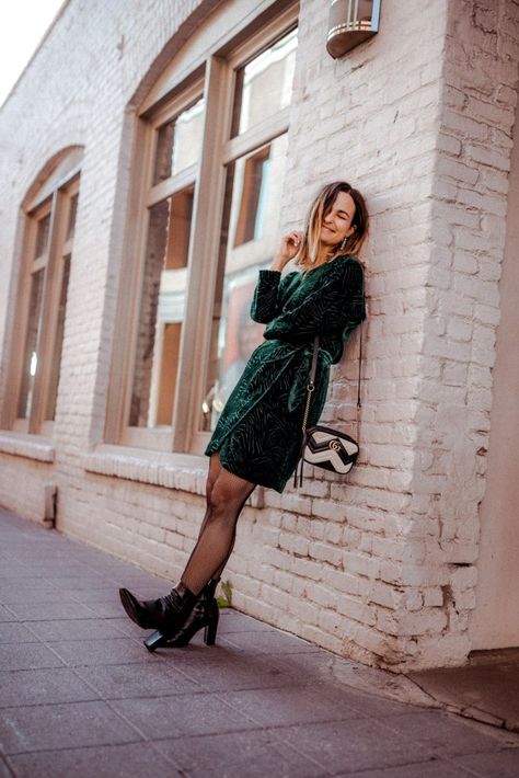 Dressy Winter Dress, Green Velvet Dress Styling, Style Velvet Dress, Green Winter Dress Outfit, Short Velvet Dress With Booties, Green Velvet Dress Outfit Winter, Velvet Dress And Boots, How To Style Velvet Dress, Green Velvet Holiday Dress