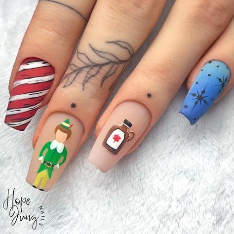 Elf Movie Nails Designs, Grinch Nails For Kids, Ugly Christmas Nails Funny, Buddy The Elf Tattoo, Buddy The Elf Nails Designs, Elf Inspired Nails, Elf Movie Nails, Christmas Movie Nail Art, Elf Nails Christmas