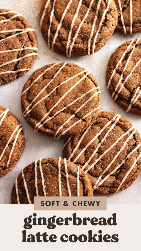 These gingerbread latte cookies are incredibly soft and chewy with a crunchy sugar coating and a drizzle of icing. They are full of spiced gingerbread and espresso flavour to elevate these classic holiday cookies! #gingerbread #cookies #holidaybaking | teakandthyme.com Gingerbread Latte Cookies, Holiday Confections, Coffee Flavored Cookies, School Baking, Dreams List, Chewy Gingerbread Cookies, Soft Gingerbread Cookies, Cookies Gingerbread, Blossom Cookies