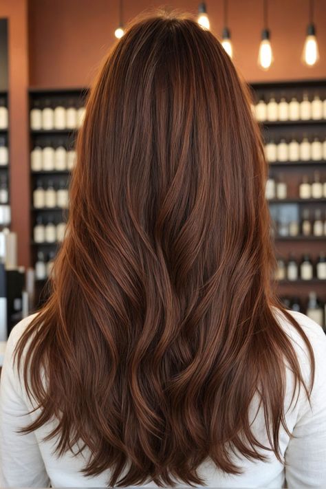 Brown Hair Chestnut Balayage, Auburn On Dark Brown Hair, Auburn Hair Color Straight, Auburn With Dimension, Level 6 Auburn Hair Color, Brunette Hair Auburn, Cinnamon Chestnut Hair, Solid Auburn Hair Color, Dark Roots Auburn Hair Balayage