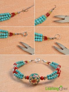 Finish the multi-strand ethnic bracelet Multiple Strand Bracelet, Anting Manik, Beaded Bracelets Tutorial, Turquoise Bead Bracelet, Homemade Jewelry, Handmade Jewelry Diy, Beaded Bracelets Diy, Jewelry Making Tutorials, Diy Schmuck