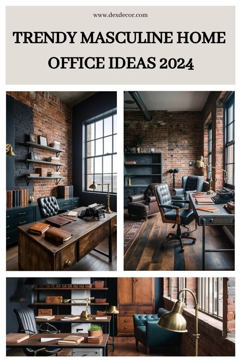 Trendy masculine home office ideas for 2024 with industrial decor, leather furniture, and exposed brick walls. Industrial Style Interior Design Office, Blue Masculine Office, Guy Office Ideas, Mens Home Office Inspiration, Industrial Office Decor Ideas, Vintage Office Ideas For Men, Finance Office Interior Design, Industrial Office Design Home, Mans Office At Home