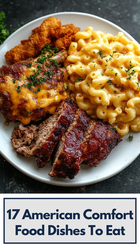 A plate of classic American comfort food featuring mac and cheese, fried chicken, and meatloaf served with savory sides. Classic Dinner Recipes Comfort Foods, American Dishes Classic, All American Recipes, Classic American Recipes, Food Restaurant Near Me, Diner Food Ideas, Country Dinner Recipes, Rich People Food, American Dinner Ideas