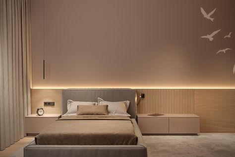 A modern bedroom with a backlit headboard and partial wood accent wall. Modern Appartement, Upholstered Walls, Headboard Wall, Bohemian Bedroom Decor, Headboard Designs, Bedroom Headboard, Design Del Prodotto, Modular Furniture, Modern Apartment