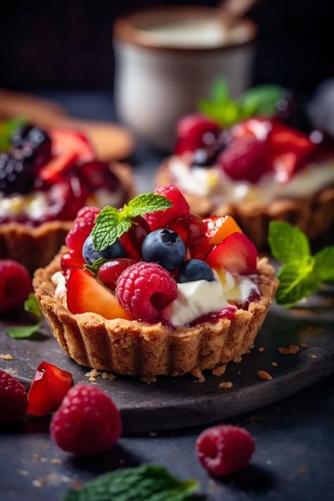 Fruit tarts Fruit Tart Plating, Fruit Tart Aesthetic, Fruit Tart Photography, Pretty Tarts, Tart Shells Filling, Apricot Glaze, Food References, Pictures Of Food, December Challenge