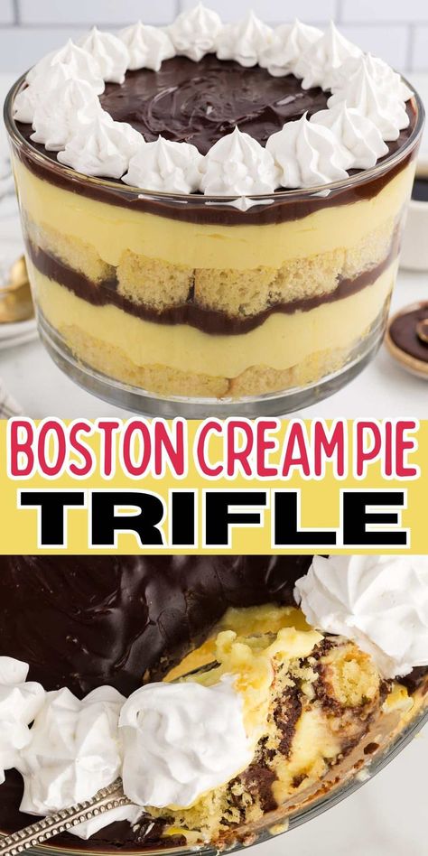 Boston Cream Pie Trifle is a fun twist on the classic custard-filled New England cake, made with layers of soft cake cubes, creamy pudding, and smooth chocolate ganache. This hassle-free dessert takes half the time and effort to cook as its cream pie counterpart. Long John Recipe Desserts, Brunch Trifle Recipe, Boston Cream Pie Trifle Easy, Boston Cream Pie Cheesecake Recipe, Quick And Easy Trifle, Boston Cream Trifle Easy, Vanilla Cake Trifle, Chocolate Cherry Trifle Desserts, Best Pudding Desserts