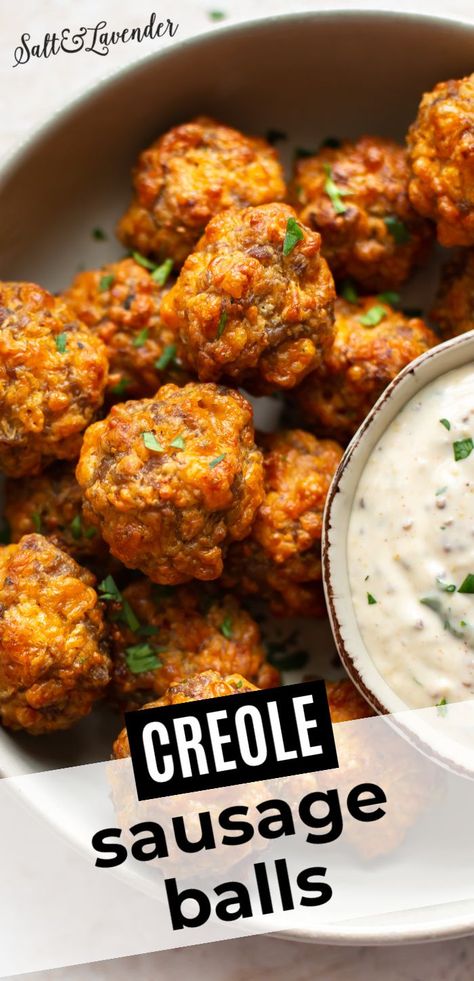 Louisiana Dip Recipes, Catfish Balls Recipe, Cajun Sausage Balls, Cajun Hors D'oeuvres, Creole Sausage Balls, Cajun Tailgate Recipes, Cajun Sausage Appetizers, Cajun Game Day Food, New Orleans Finger Food