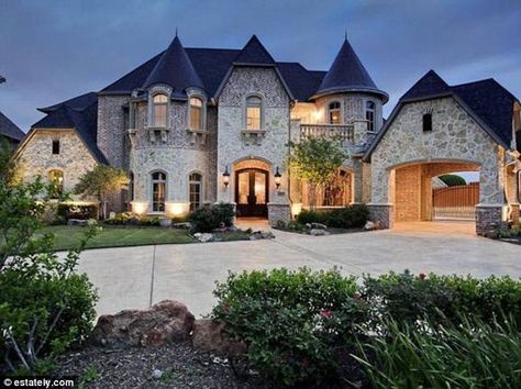 Family home: This five-bedroom home in Lewisville, Texas comes complete with a rock waterfall and slide into a backyard swimming pool, while listed for $1,599,000 I wish!!!! Garage Entrance, Arch Gate, Homes Architecture, Grand House, American Castles, Modern Castle, Beautiful Exterior, Castle Home, Car Port