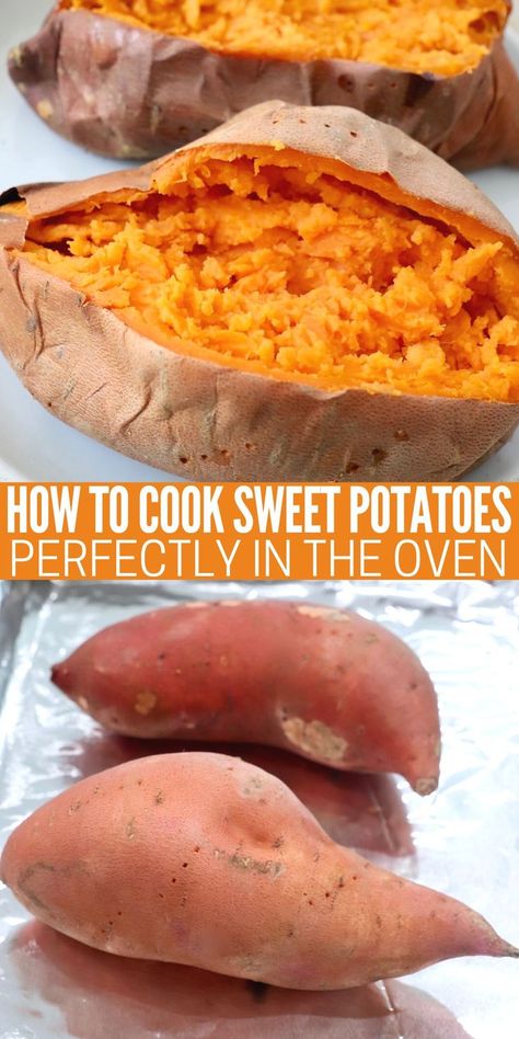 cooked sweet potato cut open on plate and uncooked sweet potatoes on foil lined baking sheet Microwave Sweet Potato How To, Baked Sweet Potato Microwave, Baked Sweet Potatoes In The Oven, How To Cook Sweet Potatoes, Sweet Potato In Oven, Bake A Sweet Potato, Baked Sweet Potato Oven, Potato Microwave, Perfect Baked Sweet Potato