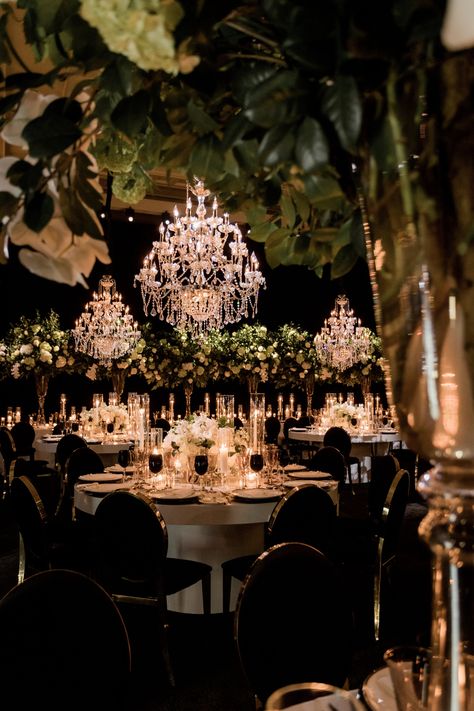 Wedding Venues With Chandeliers, Wedding Decor Chandelier, Table Sets For Wedding, Black Chandelier Wedding Decor, Hotel Venue Wedding, Dark Luxe Wedding, Chandelier With Candles, Black Dancefloor Wedding, Wedding With Chandeliers