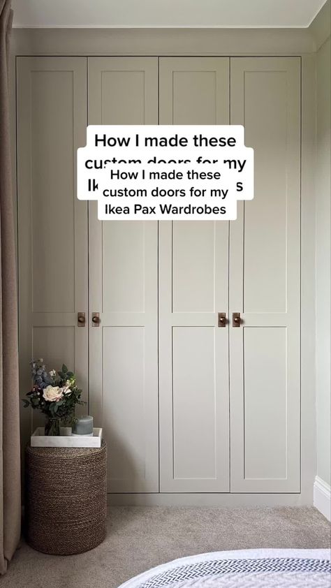 How I made these custom doors for Ikea Pax Wardrobes. #ikea #ikeapaxha... | Ikea Pax | TikTok Ikea Forsand Wardrobe, Pax Coat Closet Ideas, Ikea Pax Built In Bookcase, Custom Ikea Pax Wardrobe, Ikea Built In Pax, Pax Ikea Doors, Pax Wardrobe Dressing Room, Pax Tv Wall, Ikea Entrance Closet