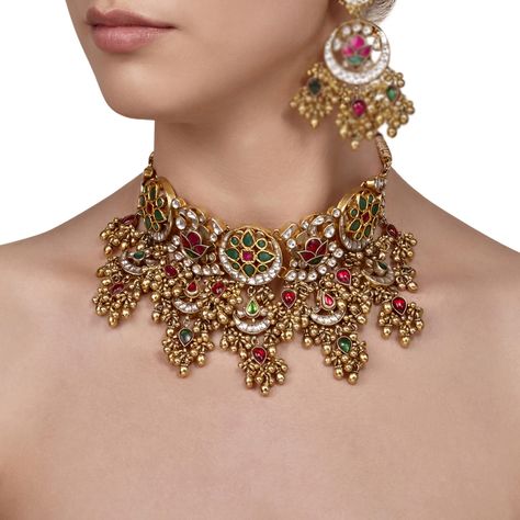 Kundan Polki Necklace, Kundan Temple Jewelry Choker, Red Temple Jewelry Style Kundan Choker, Jaipur Gold Jewellery, Rajasthani Aad Necklace Gold, Rajasthani Choker Necklaces, Kundan Jewellery Bridal, Bridal Jewellery Design, Gold Jewelry Simple Necklace