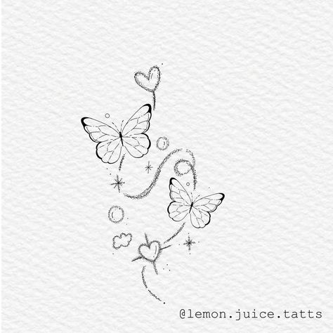 Small Tattoos With Butterflies, Butterflies In Flight Tattoo, Tiny Butterfly Tattoo With Stars, Simple Tattoos Colorful, Simple Pretty Tattoo Ideas, Butterfly Sparkles Tattoo, Sparkly Butterfly Tattoo, Cute Doodles Butterfly, Butterfly With Sparkles Tattoo Design