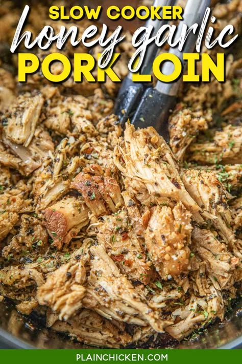 Pork Loin Crockpot Recipes Crock Pots, Pork Loin Crock Pot Recipes Easy, Honey Garlic Pork Loin, Garlic Pork Loin, Pork Loin Crock Pot Recipes, Pork Cooking Temperature, Pork Loin Ribs, Slow Cooker Pork Loin, Crockpot Pork Loin