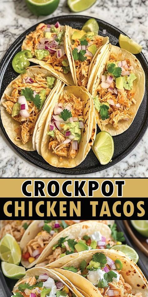 Crockpot Chicken Tacos Ingredients: 2 lbs boneless, skinless chicken breasts 1 teaspoon chili powder 1 teaspoon cumin 1 teaspoon paprika 1 teaspoon garlic powder 1 teaspoon onion powder 1 cup salsa (red or green, as preferred) Juice of 2 limes (optional) 1/2 cup chicken broth (low or no salt) #crockpot #chicken #easyrecipes #camilarecipes Low Carb Chicken Tacos Crockpot, Crockpot Mexican Recipes Slow Cooker Chicken Fajitas, Slow Cooker Shredded Chicken For Tacos, Crockpot Paprika Chicken, Juicy Crockpot Chicken, Street Tacos Recipe Crockpot, Low Sodium Chicken Tacos, Chicken Tacos In The Crockpot, Chicken Thigh Recipes Tacos