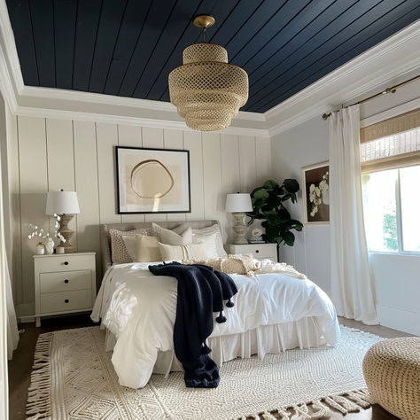 10 Amazing Painted Ceiling Ideas - Rhythm of the Home Painted Interior Ceilings, Painted Ceilings Dining Room, Beadboard Bedroom Ceiling, Blue Painted Ceiling Bedroom, White Walls Black Ceiling Bedroom, Basement Room Color Ideas, Bedrooms With Painted Ceilings, Color Painted Ceiling, Update Tray Ceiling Bedroom