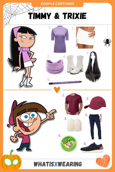 Dress like Timmy Turner and Trixie Tang from The Fairly Oddparents for Halloween with this fun and easy matching couples costume idea! Tommy And Trixie Costume, Trixie Costume, Total Drama Island Couples Costume, Trixie Tang And Timmy Turner Costume, Timmy Turner Costume, Timmy Turner And Trixie, Trixie Tang Costume, Timmy And Trixie Costume, Fairly Oddparents